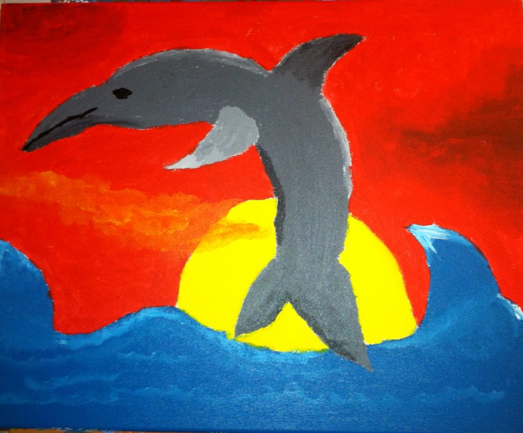 Painting of dolphin jumping out of water against sunset