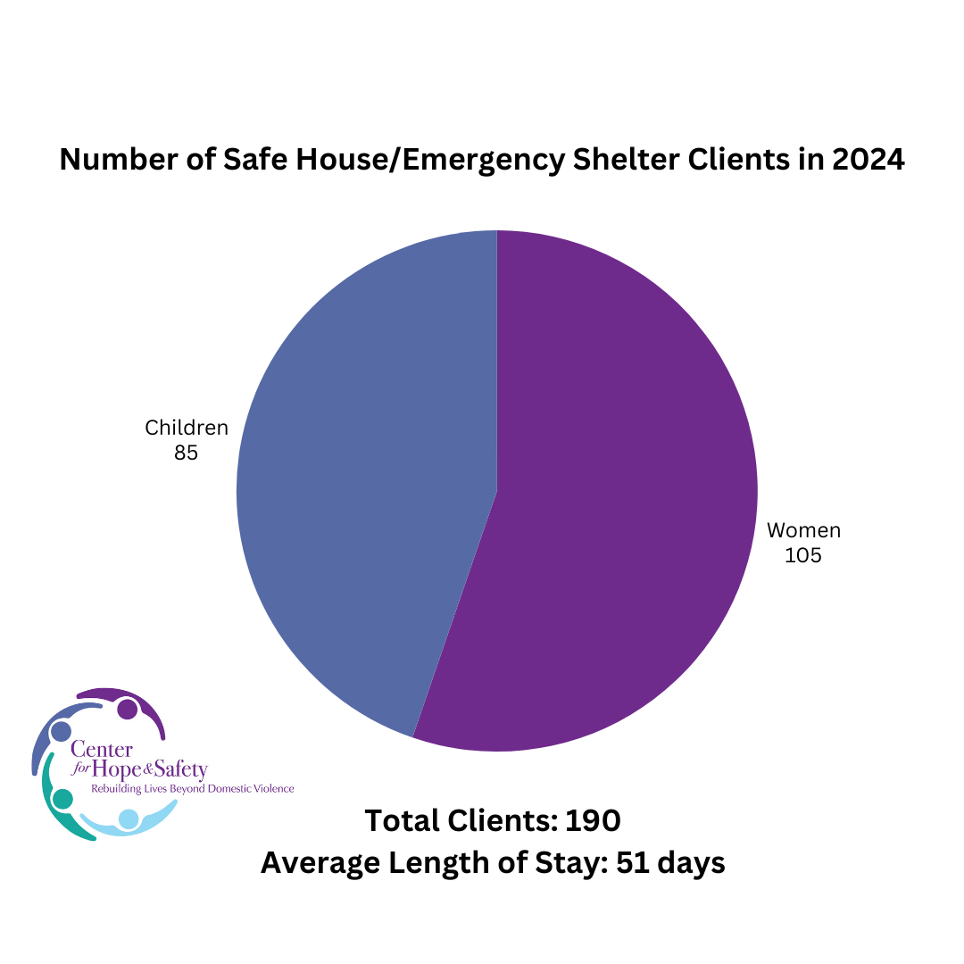 Pie graph showing the number of clients provided emergency shelter by Center for Hope & Safety in 2023